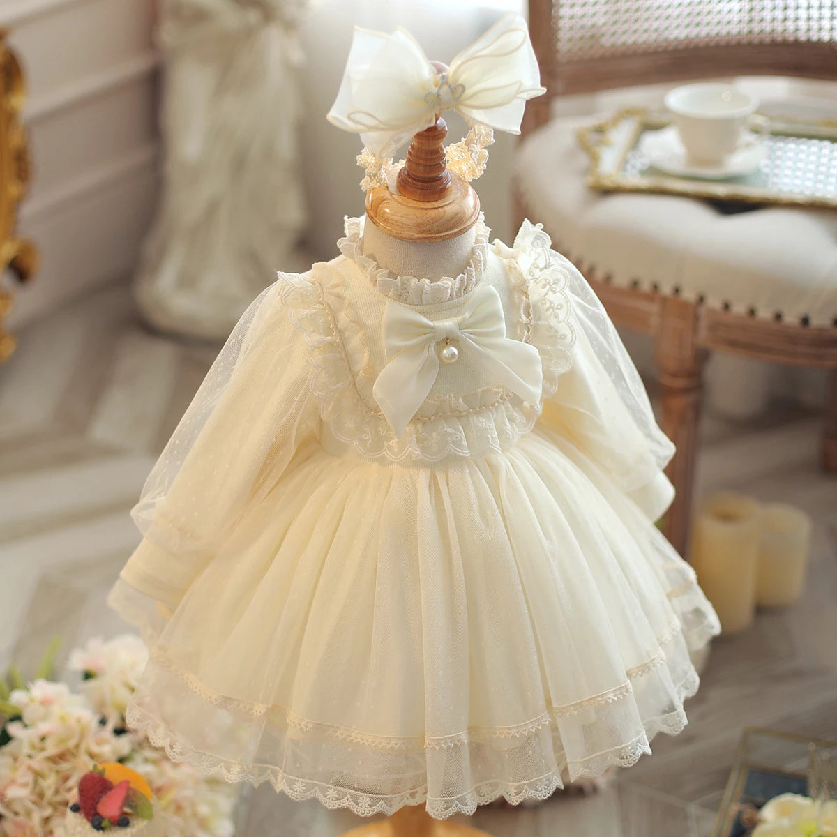 Princess Ivory Tulle Keyhole Baptism Lace Tea Length Long Sleeve Lantern Sleeve Mock Neck Flower Girl Dress