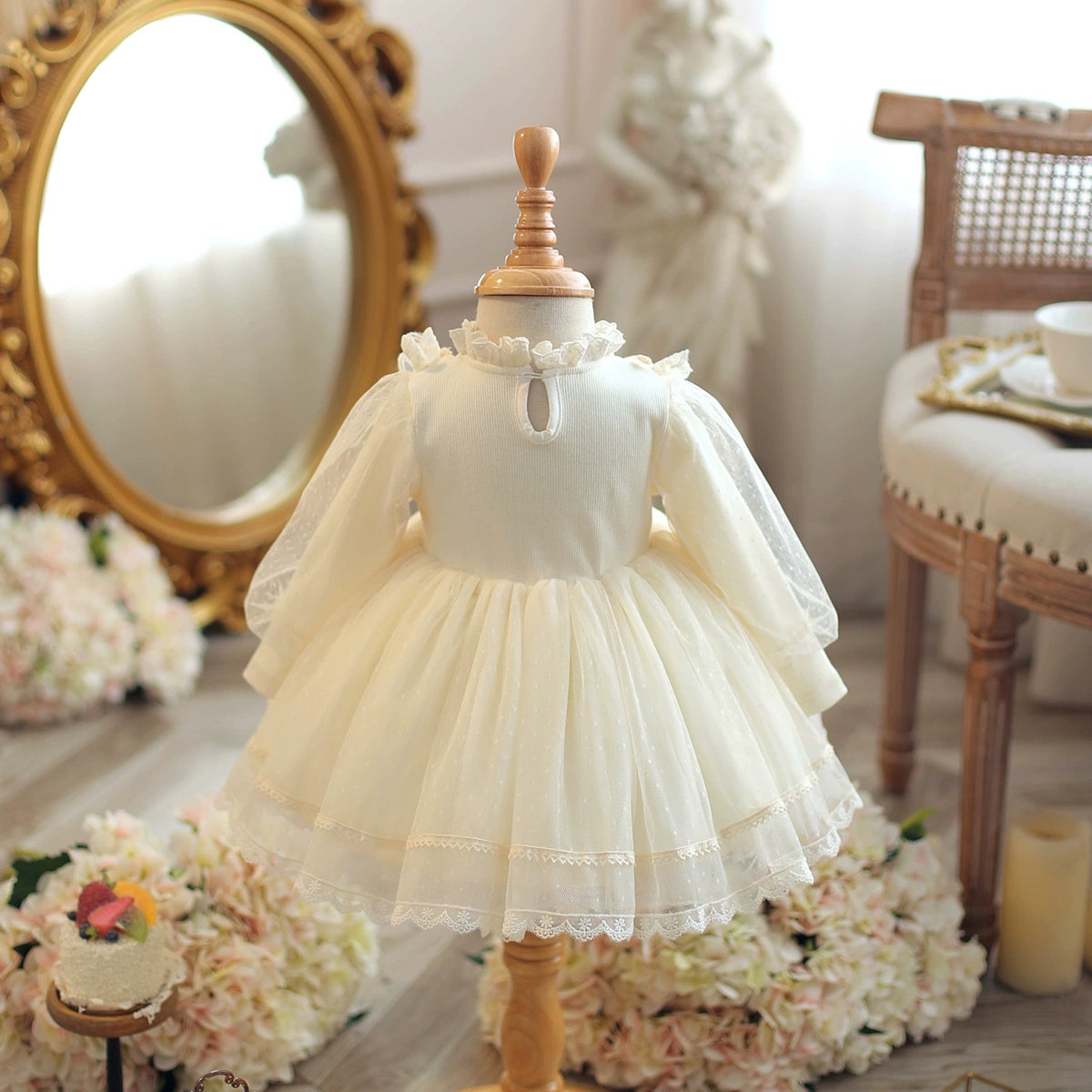 Princess Ivory Tulle Keyhole Baptism Lace Tea Length Long Sleeve Lantern Sleeve Mock Neck Flower Girl Dress