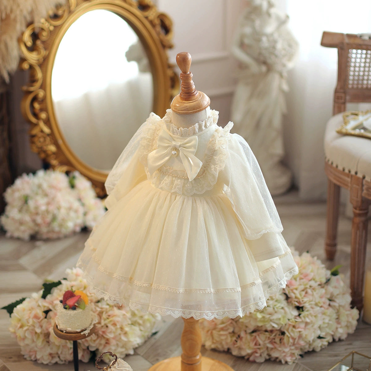 Princess Ivory Tulle Keyhole Baptism Lace Tea Length Long Sleeve Lantern Sleeve Mock Neck Flower Girl Dress