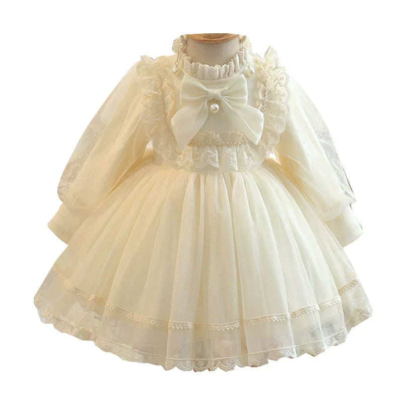 Princess Ivory Tulle Keyhole Baptism Lace Tea Length Long Sleeve Lantern Sleeve Mock Neck Flower Girl Dress