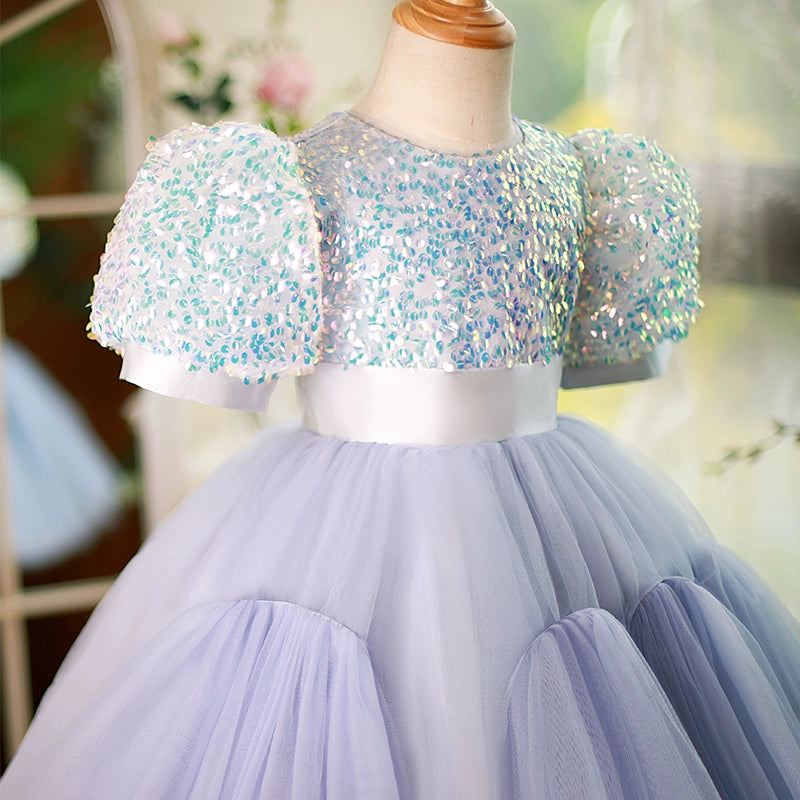 Princess Lilac Tulle Back Zip Baptism Sequins Short Sleeve Puff Sleeve Round Flower Girl Dress