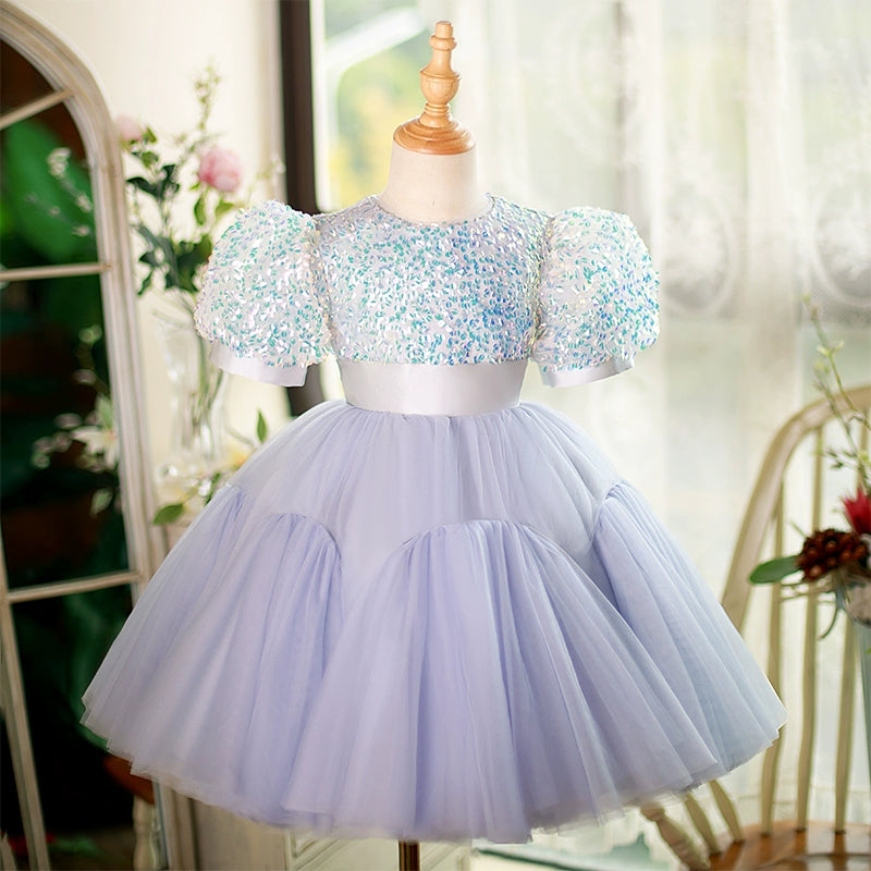 Princess Lilac Tulle Back Zip Baptism Sequins Short Sleeve Puff Sleeve Round Flower Girl Dress