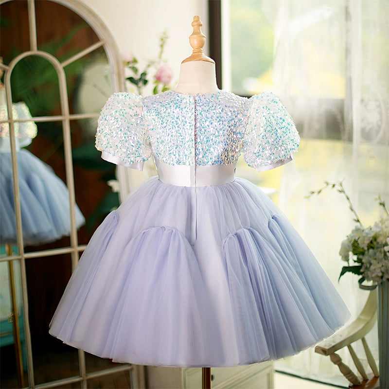 Princess Lilac Tulle Back Zip Baptism Sequins Short Sleeve Puff Sleeve Round Flower Girl Dress