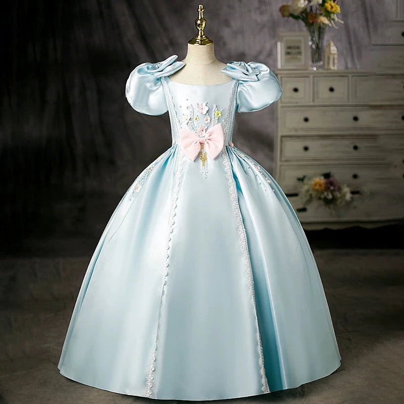 Princess Mint Green Satin Crossed Straps Baptism Lace Floor Length Short Sleeve Puff Sleeve Square Flower Girl Dress