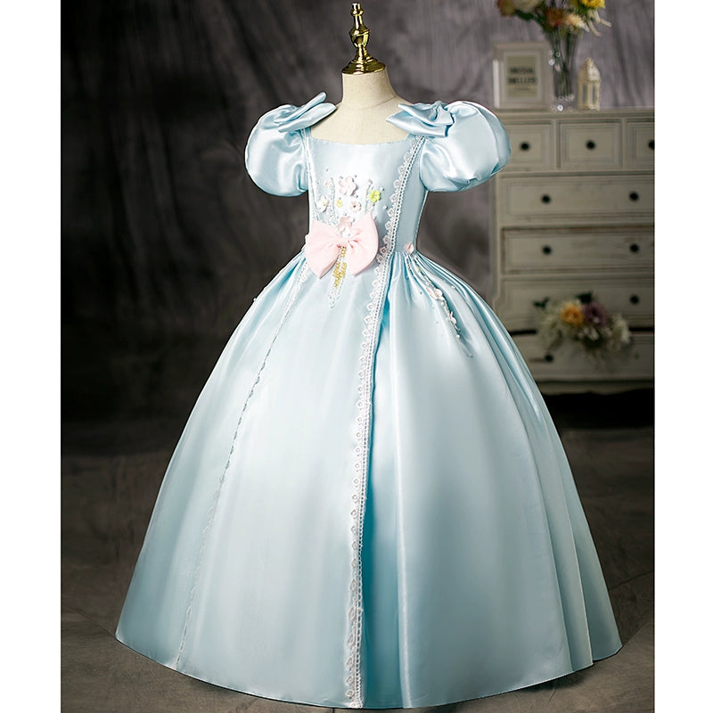 Princess Mint Green Satin Crossed Straps Baptism Lace Floor Length Short Sleeve Puff Sleeve Square Flower Girl Dress