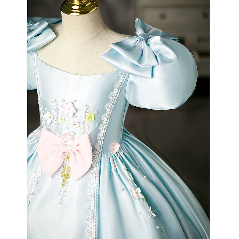 Princess Mint Green Satin Crossed Straps Baptism Lace Floor Length Short Sleeve Puff Sleeve Square Flower Girl Dress