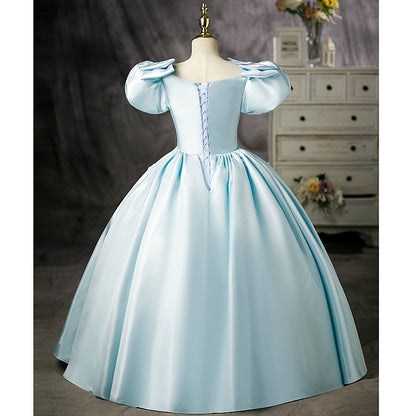 Princess Mint Green Satin Crossed Straps Baptism Lace Floor Length Short Sleeve Puff Sleeve Square Flower Girl Dress