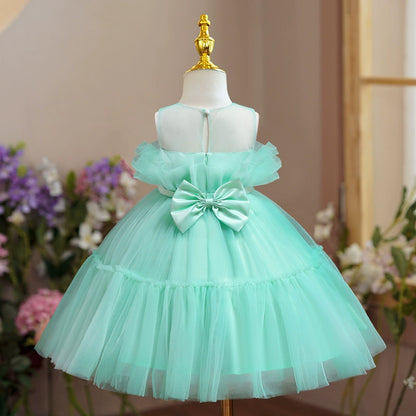 Princess Mint Green Tulle Back Zip Baptism Bow(s) Tea Length Sleeveless Round Flower Girl Dress