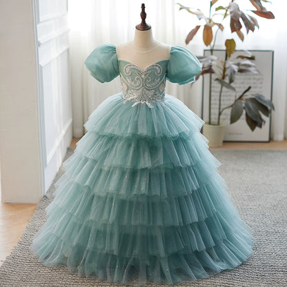 Princess Mint Green Tulle Crossed Straps Baptism Lace Floor Length Short Sleeve Puff Sleeve Round Flower Girl Dress