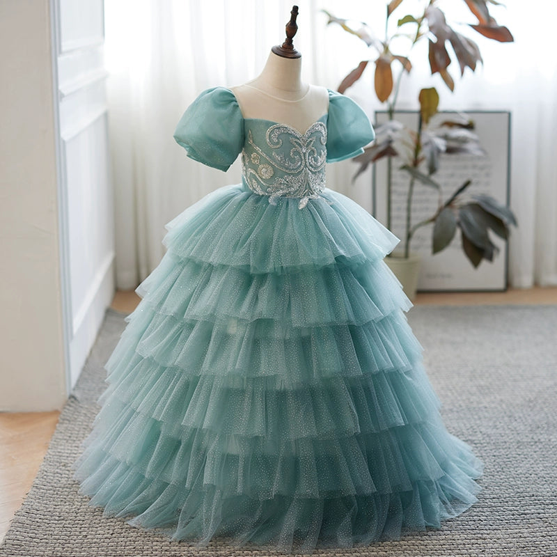 Princess Mint Green Tulle Crossed Straps Baptism Lace Floor Length Short Sleeve Puff Sleeve Round Flower Girl Dress