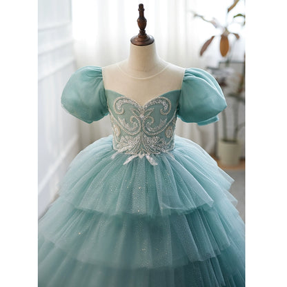 Princess Mint Green Tulle Crossed Straps Baptism Lace Floor Length Short Sleeve Puff Sleeve Round Flower Girl Dress