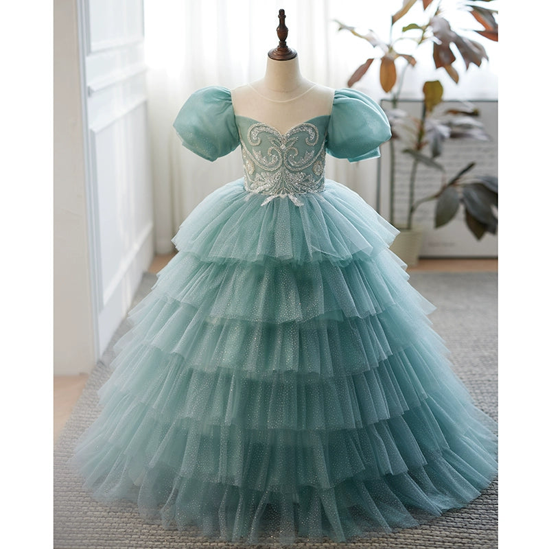 Princess Mint Green Tulle Crossed Straps Baptism Lace Floor Length Short Sleeve Puff Sleeve Round Flower Girl Dress