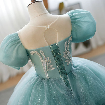 Princess Mint Green Tulle Crossed Straps Baptism Lace Floor Length Short Sleeve Puff Sleeve Round Flower Girl Dress