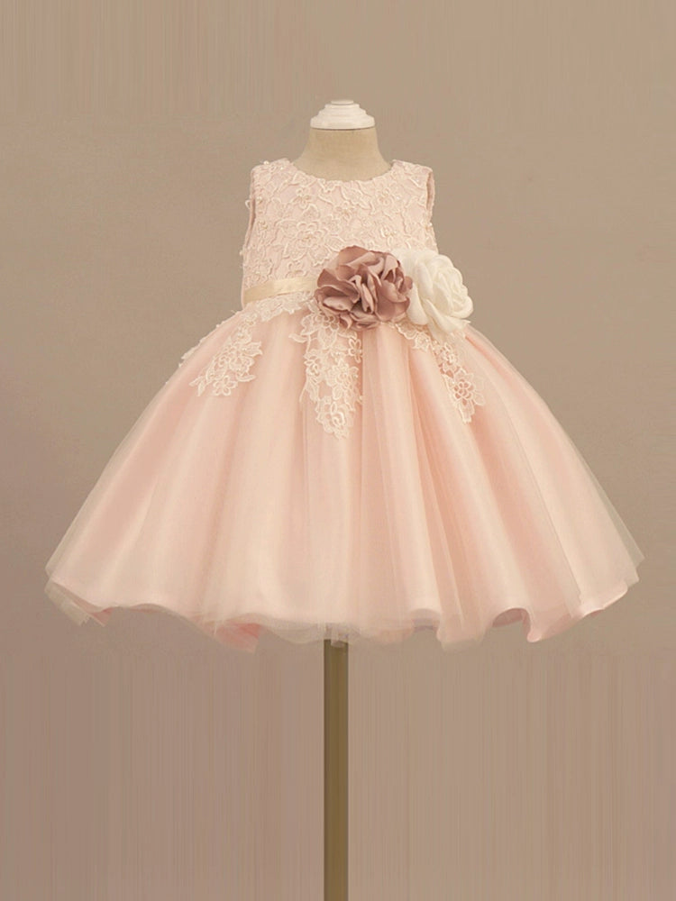 Princess Pink Lace Back Zip Baptism Lace Tea Length Sleeveless Round Flower Girl Dress