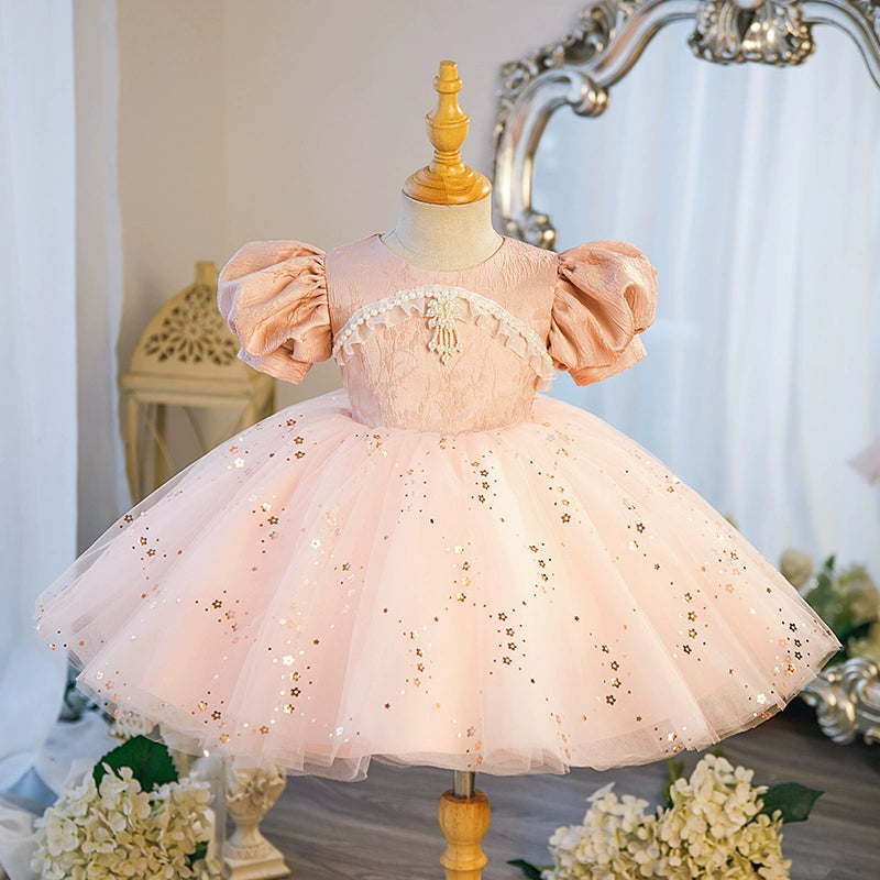 Princess Pink Satin Back Zip Baptism Beaded Tea Length Short Sleeve Puff Sleeve Round Flower Girl Dress