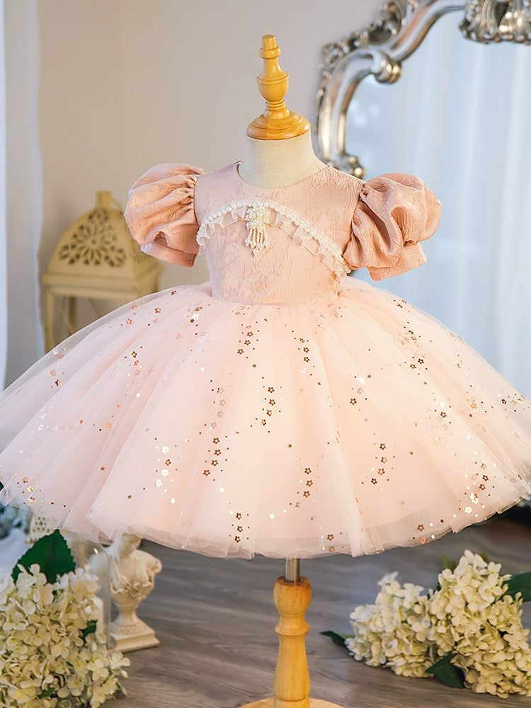 Princess Pink Satin Back Zip Baptism Beaded Tea Length Short Sleeve Puff Sleeve Round Flower Girl Dress