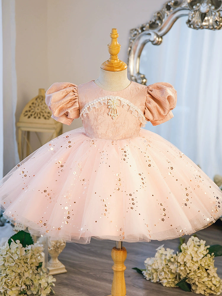 Princess Pink Satin Back Zip Baptism Beaded Tea Length Short Sleeve Puff Sleeve Round Flower Girl Dress