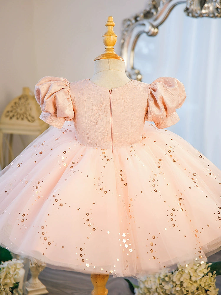 Princess Pink Satin Back Zip Baptism Beaded Tea Length Short Sleeve Puff Sleeve Round Flower Girl Dress