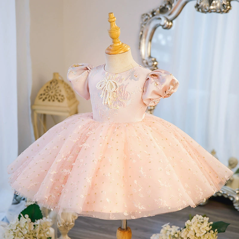 Princess Pink Satin Back Zip Baptism Beaded Tea Length Short Sleeve Puff Sleeve Round Flower Girl Dress