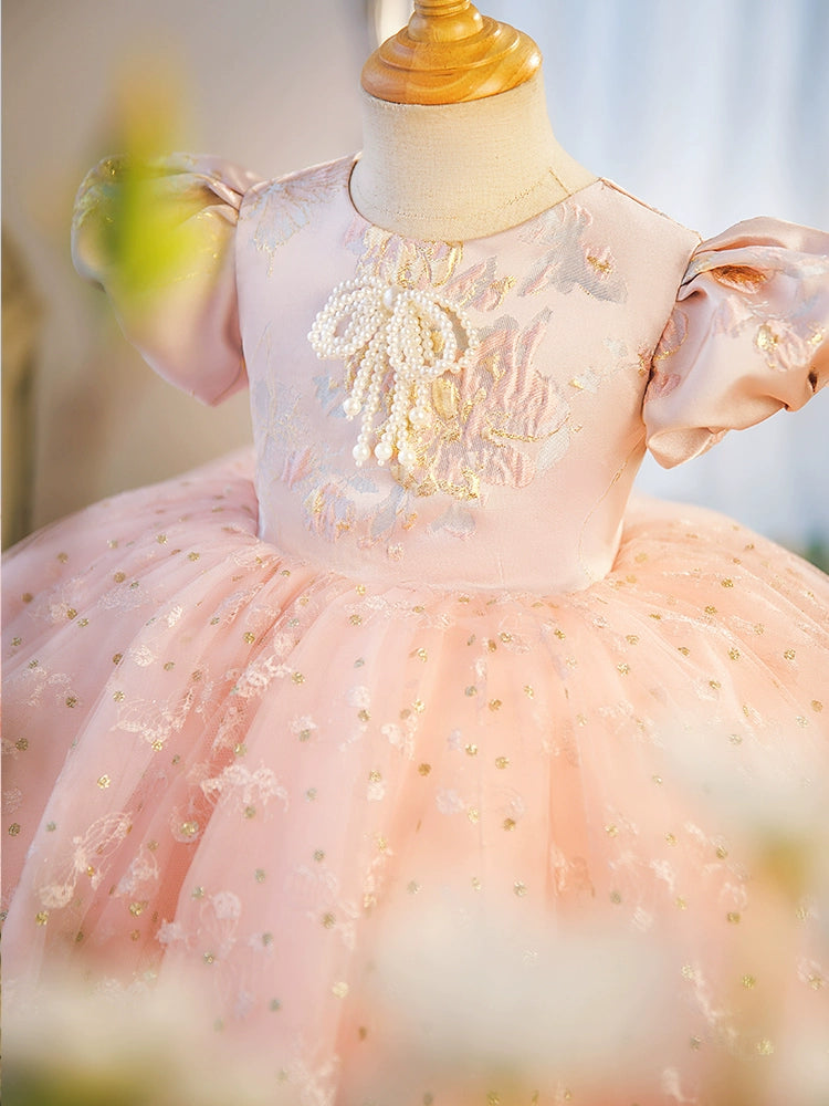 Princess Pink Satin Back Zip Baptism Beaded Tea Length Short Sleeve Puff Sleeve Round Flower Girl Dress