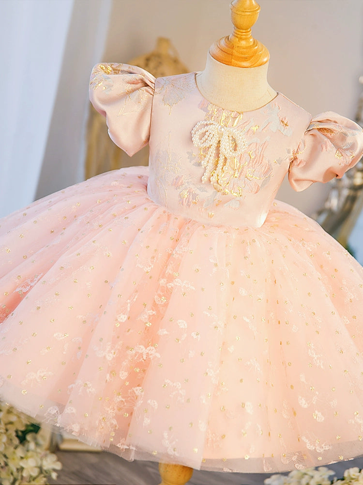 Princess Pink Satin Back Zip Baptism Beaded Tea Length Short Sleeve Puff Sleeve Round Flower Girl Dress