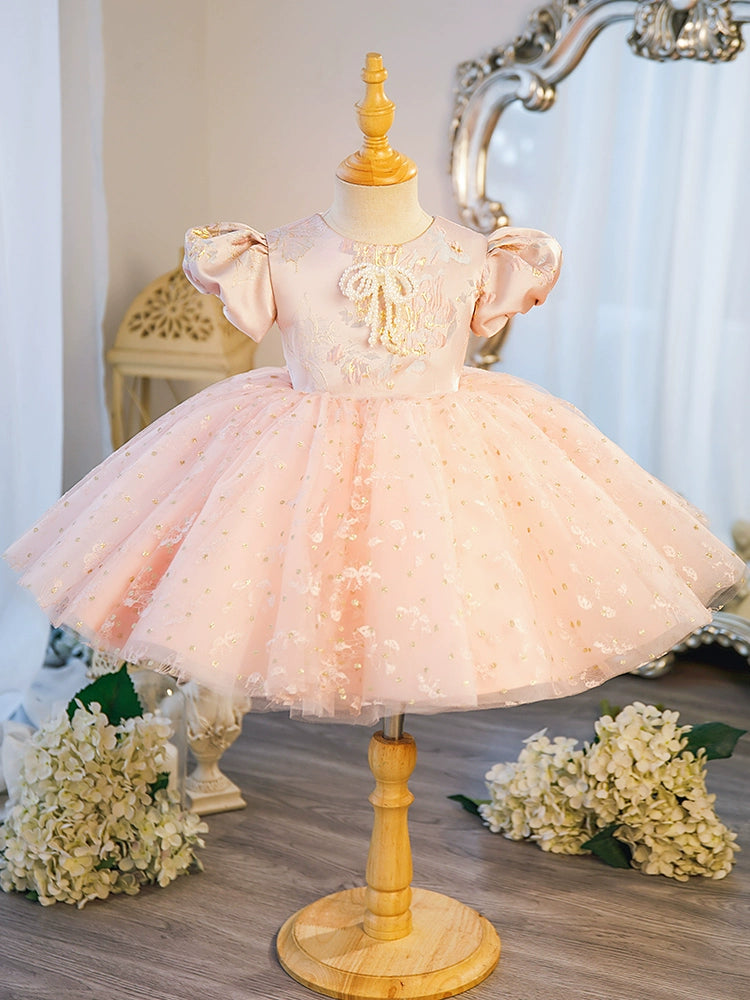 Princess Pink Satin Back Zip Baptism Beaded Tea Length Short Sleeve Puff Sleeve Round Flower Girl Dress