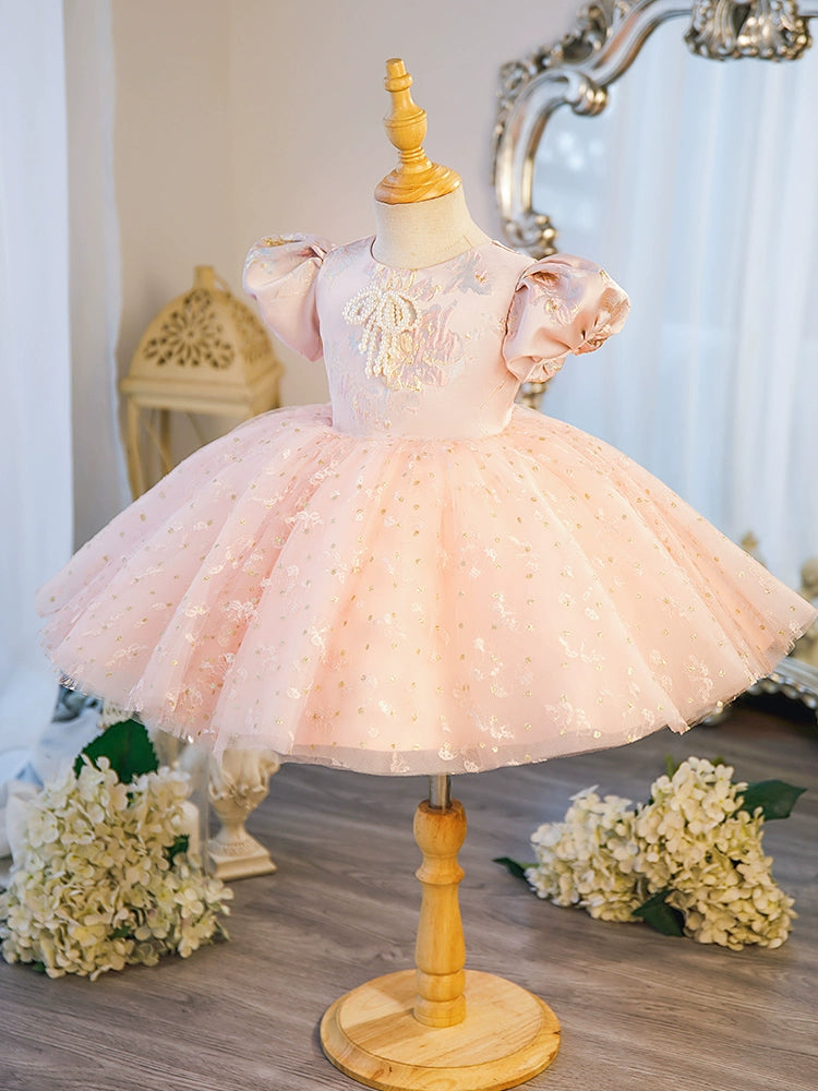 Princess Pink Satin Back Zip Baptism Beaded Tea Length Short Sleeve Puff Sleeve Round Flower Girl Dress