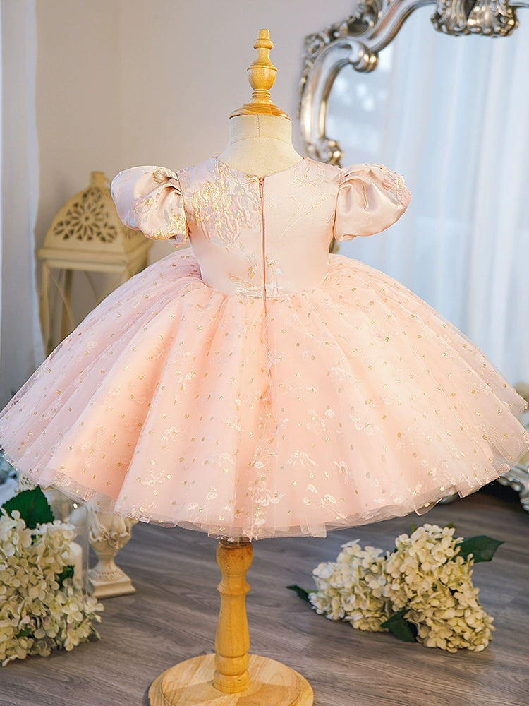 Princess Pink Satin Back Zip Baptism Beaded Tea Length Short Sleeve Puff Sleeve Round Flower Girl Dress