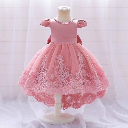 Princess Pink Satin Back Zip Baptism Lace Tea Length Short Sleeve Cap Sleeve Jewel Neck Flower Girl Dress