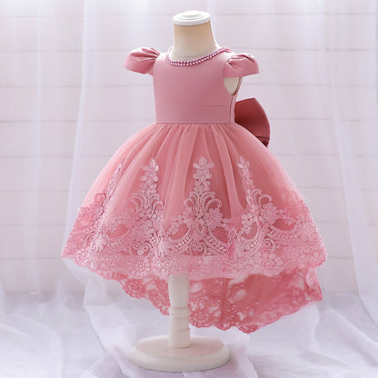 Princess Pink Satin Back Zip Baptism Lace Tea Length Short Sleeve Cap Sleeve Jewel Neck Flower Girl Dress