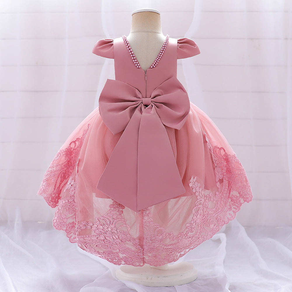 Princess Pink Satin Back Zip Baptism Lace Tea Length Short Sleeve Cap Sleeve Jewel Neck Flower Girl Dress