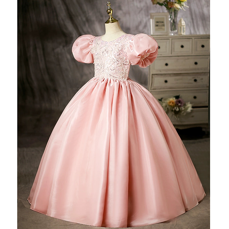 Princess Pink Satin Crossed Straps Baptism Beaded Floor Length Short Sleeve Puff Sleeve Scoop Flower Girl Dress