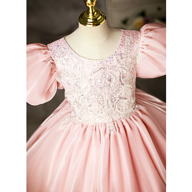 Princess Pink Satin Crossed Straps Baptism Beaded Floor Length Short Sleeve Puff Sleeve Scoop Flower Girl Dress