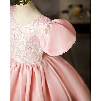 Princess Pink Satin Crossed Straps Baptism Beaded Floor Length Short Sleeve Puff Sleeve Scoop Flower Girl Dress