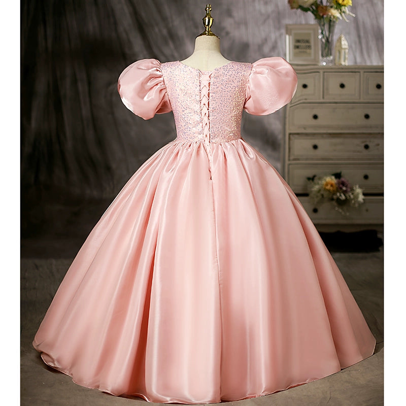 Princess Pink Satin Crossed Straps Baptism Beaded Floor Length Short Sleeve Puff Sleeve Scoop Flower Girl Dress