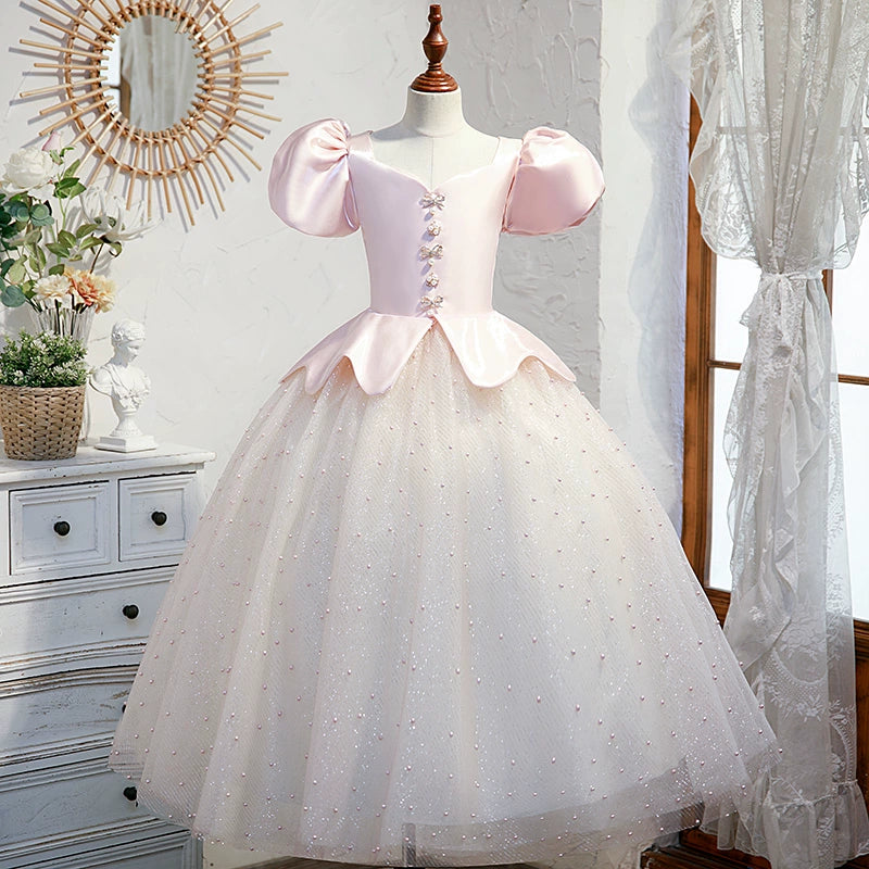 Princess Pink Satin Crossed Straps Baptism Sequins Floor Length Short Sleeve Puff Sleeve V-Neck Flower Girl Dress