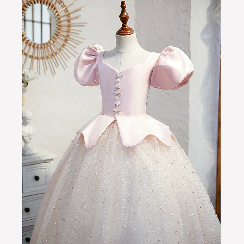 Princess Pink Satin Crossed Straps Baptism Sequins Floor Length Short Sleeve Puff Sleeve V-Neck Flower Girl Dress