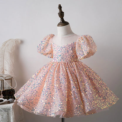 Princess Pink Sequined Back Zip Baptism Sequins Tea Length Short Sleeve Puff Sleeve Round Flower Girl Dress