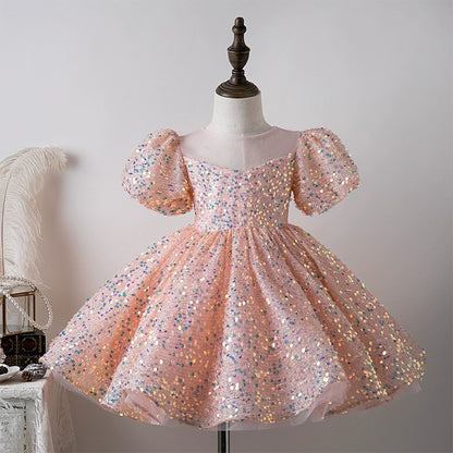 Princess Pink Sequined Back Zip Baptism Sequins Tea Length Short Sleeve Puff Sleeve Round Flower Girl Dress