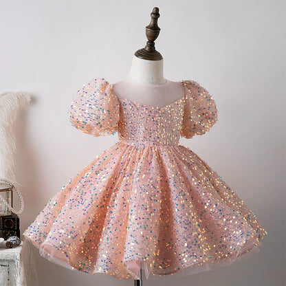 Princess Pink Sequined Back Zip Baptism Sequins Tea Length Short Sleeve Puff Sleeve Round Flower Girl Dress