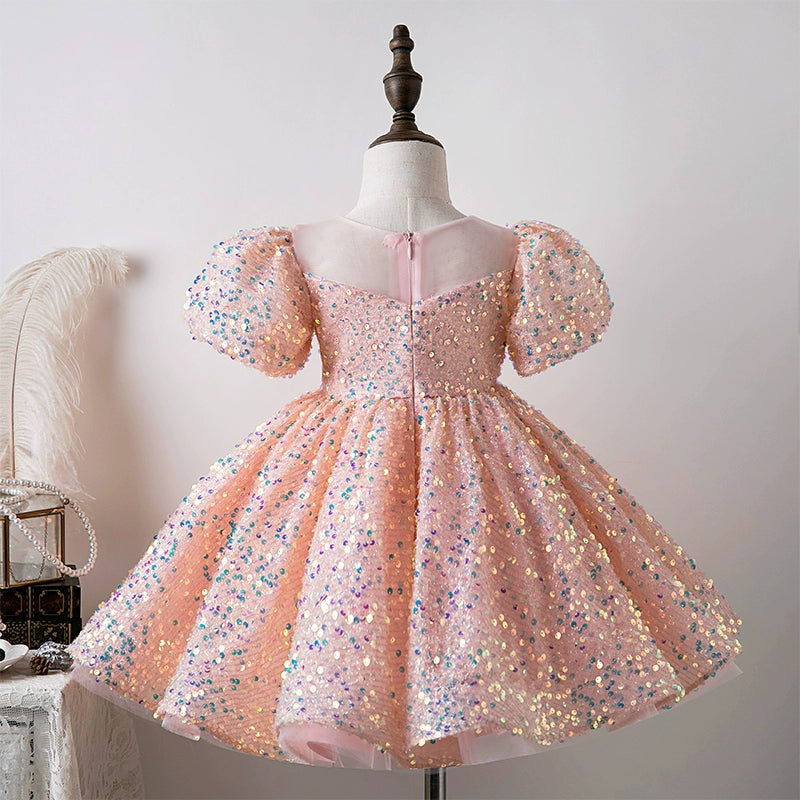 Princess Pink Sequined Back Zip Baptism Sequins Tea Length Short Sleeve Puff Sleeve Round Flower Girl Dress