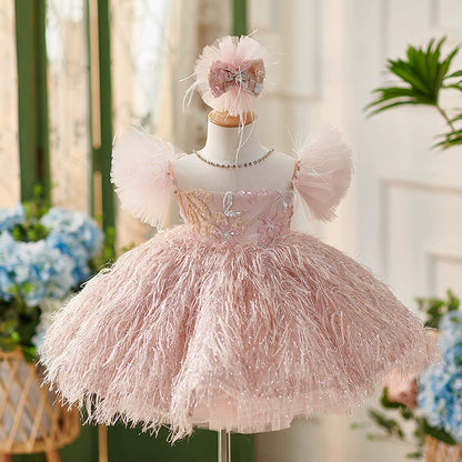 Princess Pink Tulle Back Zip Baptism Lace Tea Length Short Sleeve Cap Sleeve Round Flower Girl Dress