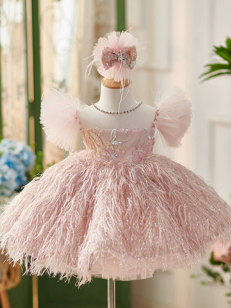 Princess Pink Tulle Back Zip Baptism Lace Tea Length Short Sleeve Cap Sleeve Round Flower Girl Dress