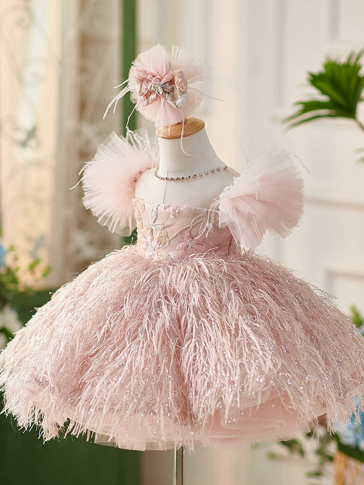 Princess Pink Tulle Back Zip Baptism Lace Tea Length Short Sleeve Cap Sleeve Round Flower Girl Dress