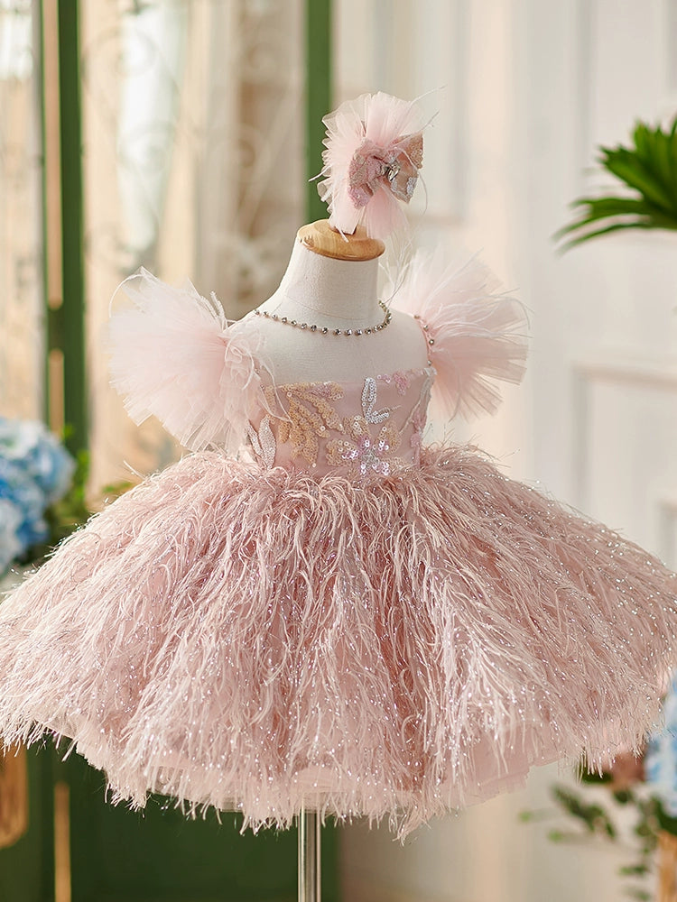 Princess Pink Tulle Back Zip Baptism Lace Tea Length Short Sleeve Cap Sleeve Round Flower Girl Dress