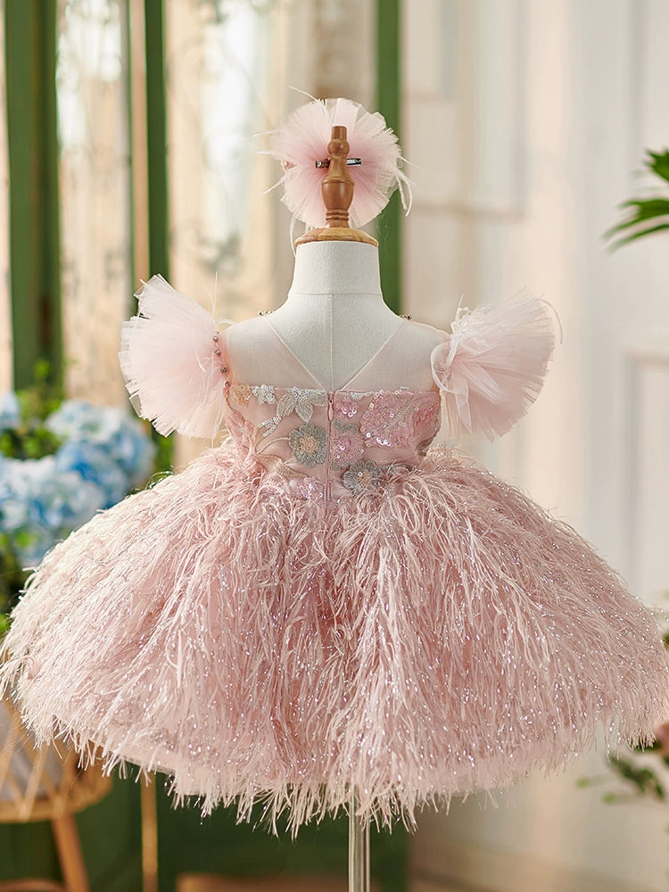 Princess Pink Tulle Back Zip Baptism Lace Tea Length Short Sleeve Cap Sleeve Round Flower Girl Dress