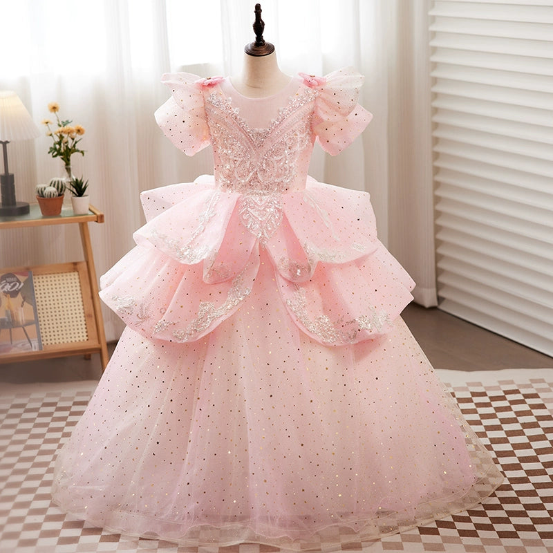 Princess Pink Tulle Crossed Straps Baptism Lace Floor Length Short Sleeve Puff Sleeve Round Flower Girl Dress