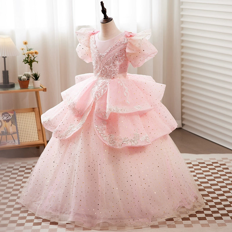 Princess Pink Tulle Crossed Straps Baptism Lace Floor Length Short Sleeve Puff Sleeve Round Flower Girl Dress