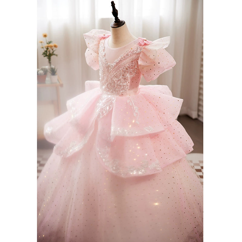 Princess Pink Tulle Crossed Straps Baptism Lace Floor Length Short Sleeve Puff Sleeve Round Flower Girl Dress