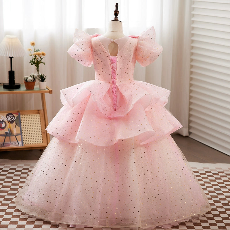 Princess Pink Tulle Crossed Straps Baptism Lace Floor Length Short Sleeve Puff Sleeve Round Flower Girl Dress